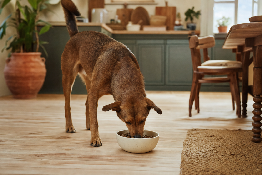 Perro comiendo pienso natural de un cuenco de cerámica en una cocina cálida