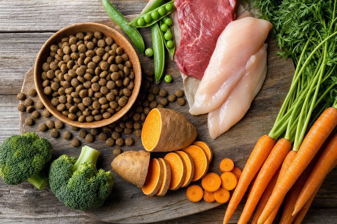 Pienso sin cereales junto a ingredientes frescos: carne, boniato, zanahoria y verduras
